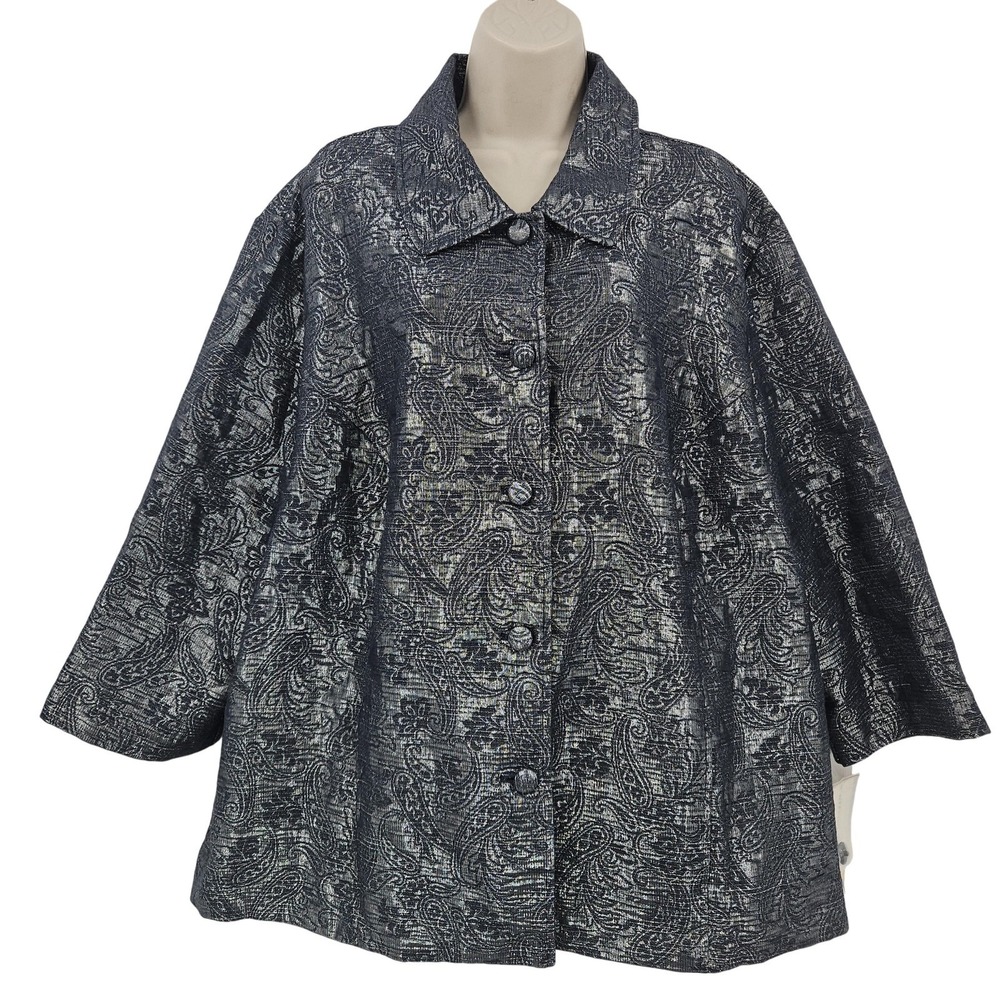 Holiday Party Blazer Jacket Women 24W Metallic Paisley Blue Silver Sheen Festive